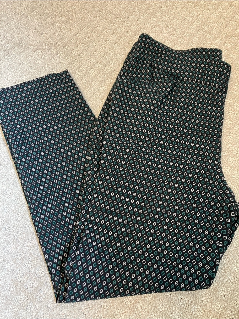 Chico's Straight-Leg Ankle Pants in Black with Teal Diamond Print